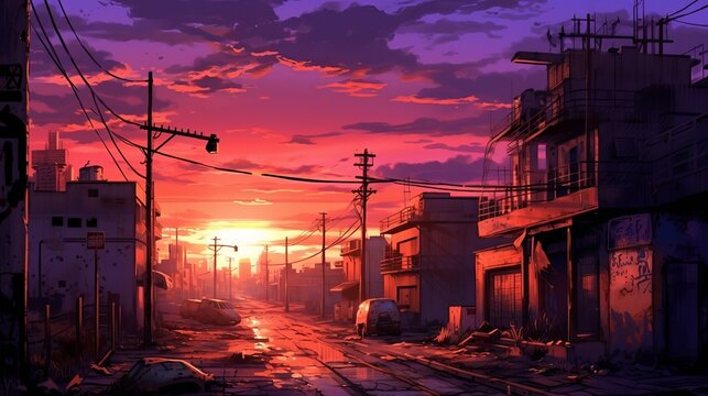 Dusk in a Desolate Anime Cityscape: HD Wallpaper Depicting an Eerie Abandoned Urban Setting - Sunset in the Town, Generative AI
