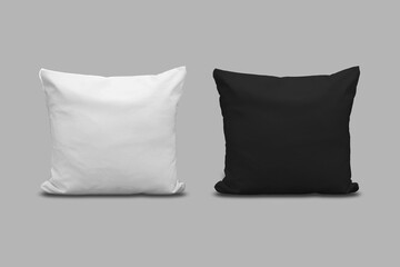 Blank Canvas square pillow mockup. White and black blank cushion isolated on white background. Top view. 3d rendering.	