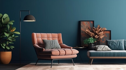 Living room interior mockup in warm tones with armchair