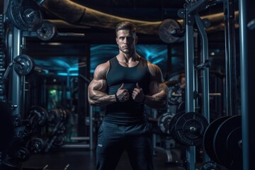 Handsome muscular man in gym posing. Generative AI