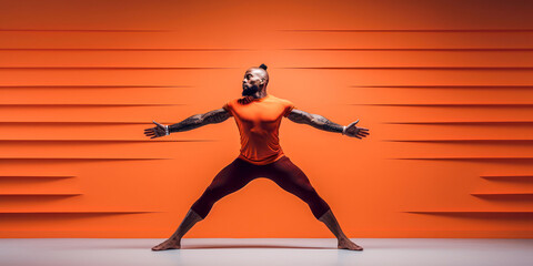 Man standing in dynamic pose with arms outstretched, abstract orange background, studio portrait, wide. Generative AI