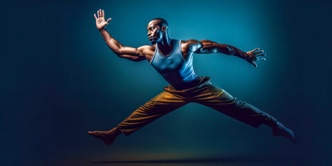 Fototapeta na wymiar Athletic man jumping in dynamic pose, floating, midair, dance, blue background, studio portrait, wide. Generative AI