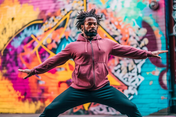 Man in dynamic pose in urban city, exercise, wearing hoodie and black pants, graffiti background. Generative AI