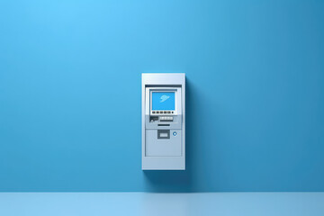 Unbranded ATM on the background of a monochrome blue wall. Front view, blue ATM in a minimal interior. Minimal creative concept idea. Generative AI photo imitation.