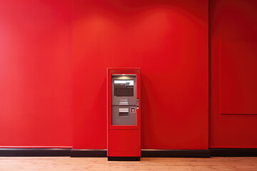 Unbranded ATM on the background of a monochrome red wall. Front view, red ATM in a minimal interior. Minimal creative concept. Generative AI photo imitation.