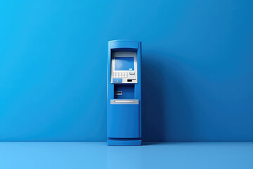 Unbranded ATM on the background of a monochrome blue wall. Front view, blue ATM in a minimal interior. Minimal creative concept. Generative AI photo imitation.