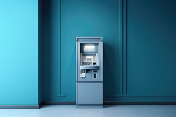 Unbranded ATM on the background of a monochrome blue wall. Front view, blue ATM in a minimal interior. Minimal creative concept style. Generative AI photo imitation.