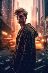 Expression of a young man in the middle of the chaos of a city in an apocalyptic environment Generative AI Illustration