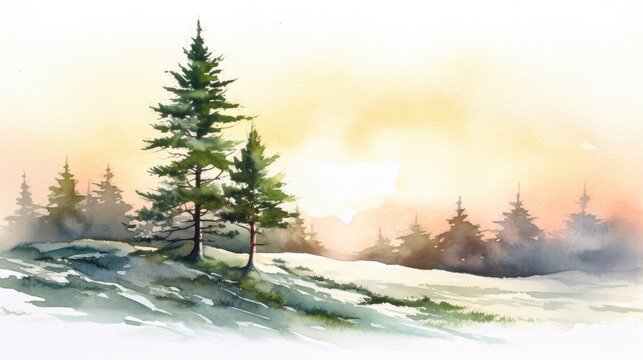 Watercolor painting of a landscape in the middle of the mountains with snow and trees Generative AI Illustration