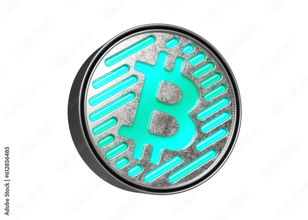 Poster bitcoin logo display in silver with neons. flashing cryptocurrency design for illustrating ads and n
