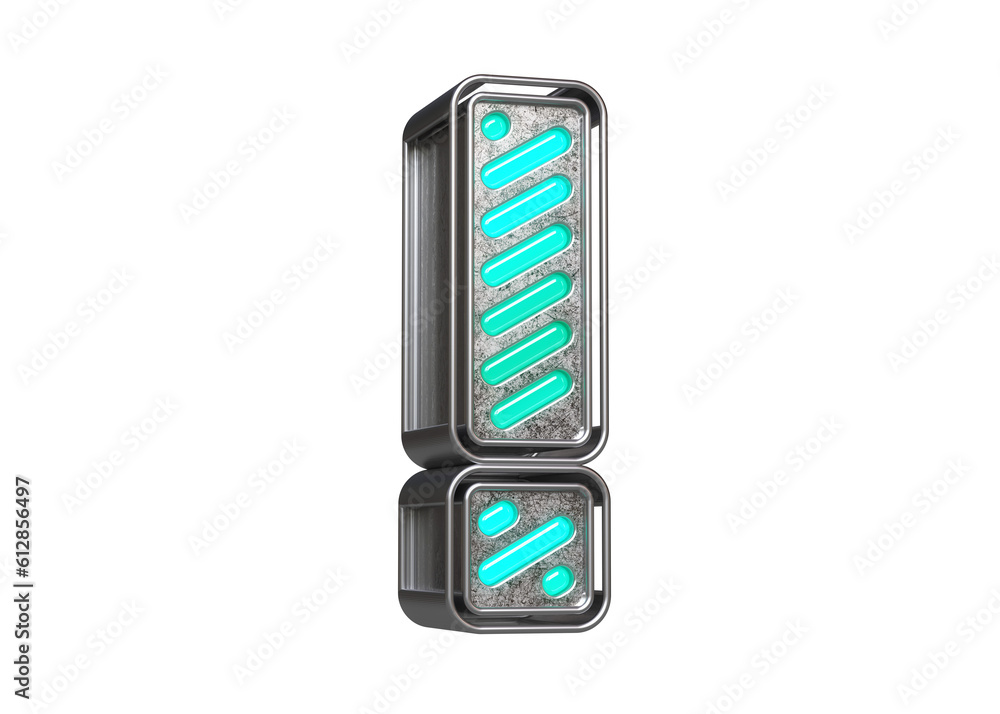 Poster silvery and teal neon font exclamation mark. beautiful typography for creating titles, ad headers an