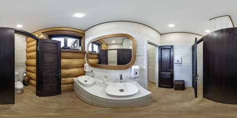 seamless 360 hdri panorama in interior of expensive wooden bathroom in modern flat apartments with...