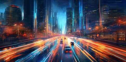 Abstract digital painting of a highway, Traffic in the city at night with motion blur and cityscape. Concept of speed, generative Ai
