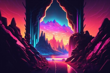 Fantasy landscape with a road leading to a cave. Digital illustration, generative Ai