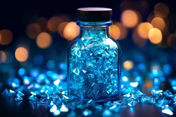 Glass bottle with blue crystals on bokeh background, close up, generative Ai