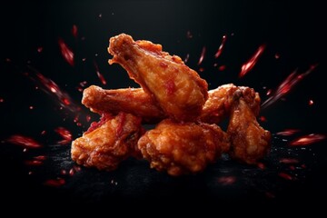 Fried chicken wings with splashes of sauce on a black background, generative Ai