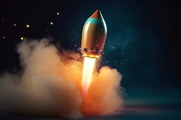 Rocket launch with fire and smoke. Space travel concept. 3D rendering, generative Ai