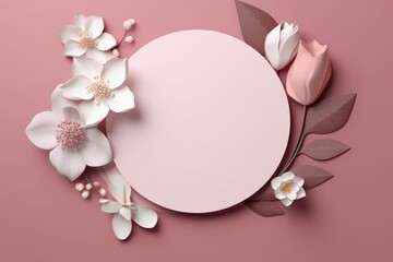 3D render, pink paper card with white flowers and pearls, generative Ai