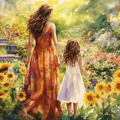 Fototapeta na wymiar Mother and child in a sunny flower garden