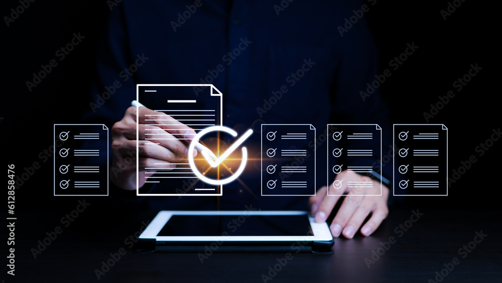 Poster check mark symbol represents the standard quality control. businessman writing virtual glowing corre