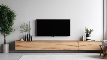 Modern minimalist living room with TV. Generative AI