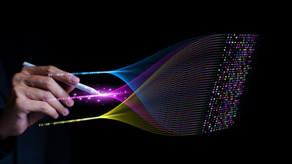 Businessman analyzing complex big data with AI artificial intelligence, analytics metrics, Data...