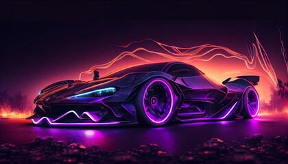 Obraz na płótnie Canvas Driving in the night futuristic car in purple neon city Ai generated image Ai generated image