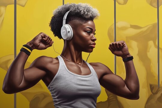 Young woman listening to music while flexing her muscles. Generative AI