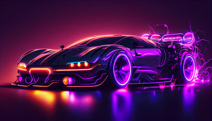 Obraz na płótnie Canvas Driving in the night futuristic car in purple neon city Ai generated image Ai generated image