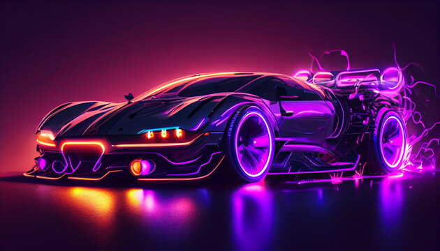 Driving in the night futuristic car in purple neon city Ai generated image Ai generated image
