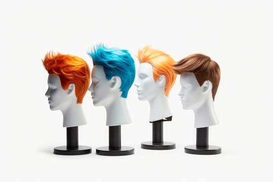 Hair wig over the plastic mannequin head isolated over the white background, mockup featuring contemporary men's hairstyles, Generative AI illustration