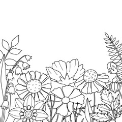Simple childrens coloring page with cute flowers. Illustration with frame silhouette of plants