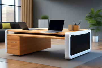 Naklejka premium Organized office desk. With smartphone, laptop and cup of coffee. Generative AI_1.