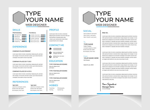 Professional CV or resume template design with letter cover design. Black and white resume layout .