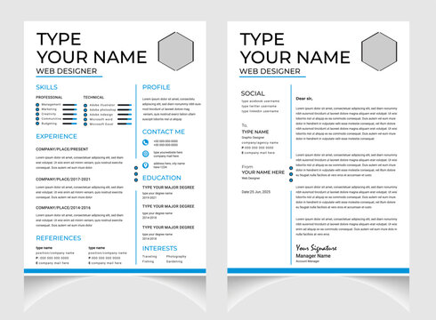 Professional CV or resume template design with letter cover design. Black and white resume layout .