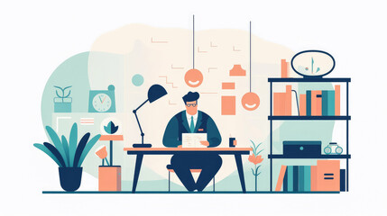 Fototapeta premium Business working in office on white background , co-working space or remotely at home , Young man freelancers working on laptop or computer at home , Created with generative AI