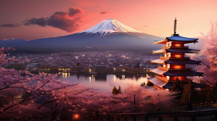 Mount Fuji and Chureito pagoda at sunset, japan in the spring with cherry blossoms. Mountain Fuji. Generetive Ai - obrazy, fototapety, plakaty