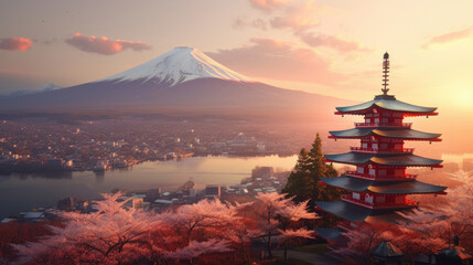 Mount Fuji and Chureito pagoda at sunset, japan in the spring with cherry blossoms. Mountain Fuji. Generetive Ai - obrazy, fototapety, plakaty