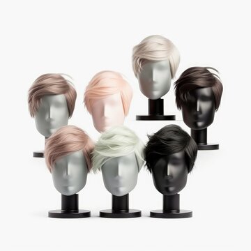 Hair wig over the plastic mannequin head isolated over the white background, mockup featuring contemporary men's hairstyles, Generative AI illustration