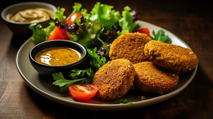A plate of crispy baked falafel served with a side of hummus and a fresh salad