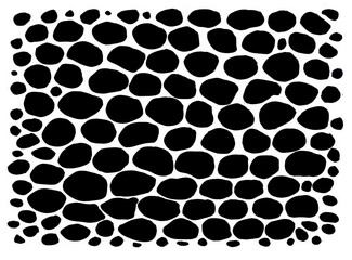 Black and white background. Texture of stone, cobblestones, walls. Rounded shapes of different sizes in black on a white background.
