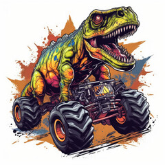 T-Rex Riding on Truck , Cartoon dinosaur characters driving , Created with generative AI