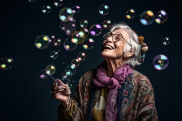 Lifestyle portrait photography of a happy old woman blowing bubbles against a deep indigo background. With generative AI technology