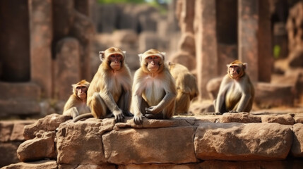 Obraz premium funny monkeys on a wall at a buddhist temple. Generative AI