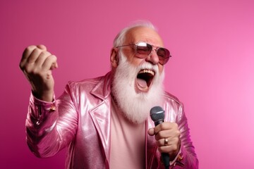 Close-up portrait photography of a glad old man dancing and singing song in microphone against a hot pink background. With generative AI technology