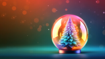 Christmas snow globe with a  Christmas tree in it on vibrant background. Generative AI.
