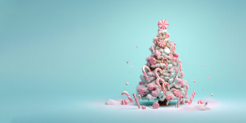 Giant christmas tree decorated with candy cane against pastel blue bakcground. Generative AI.