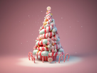 Giant christmas tree cupcake decorated with candy cane against pastel pink bakcground. Generative AI.