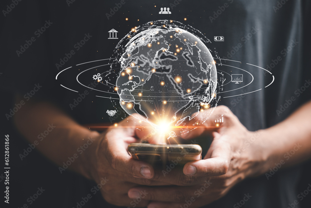 Poster digital link tech and big data concept. man's hand holding virtual global internet connection in the