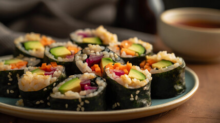 A platter of homemade veggie sushi rolls with fillings like sweet potato, avocado, and pickled radish